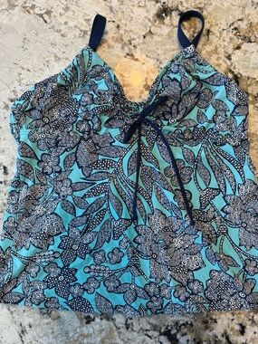 Lands' End Mint and Navy Patterned Tankini Swim Top